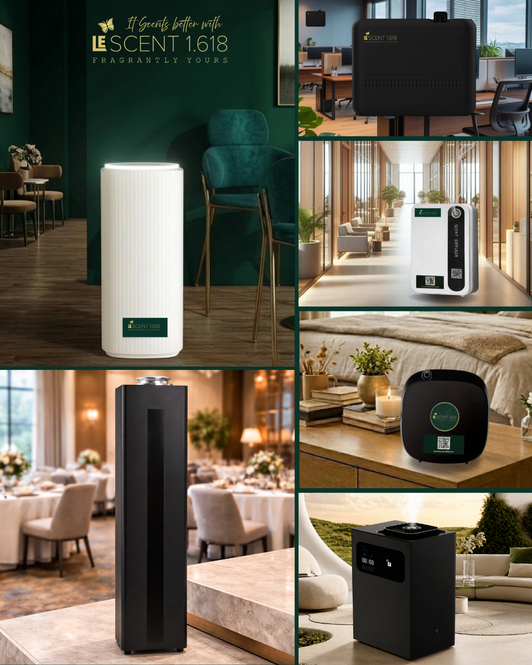 Collage of luxury aroma diffusers by Lescent 1618 displayed in hotel lobbies, office spaces, bedrooms, restaurants, and modern interiors for premium fragrance and ambient scenting solutions.